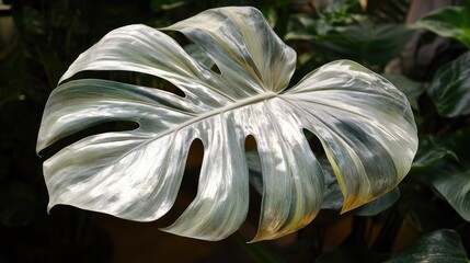 Poster - Close up of a large mature leaf from an exotic Philodendron variety known for its striking silver toned foliage