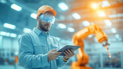 Poster - A man in safety gear uses a tablet in a factory with industrial automation and robotics in the background.