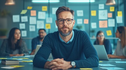 Poster - A focused man sits at a table in an office, surrounded by colleagues and colorful sticky notes, reflecting teamwork and collaboration.