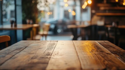Poster - Wooden table set against an abstract blurred backdrop of a cafe setting