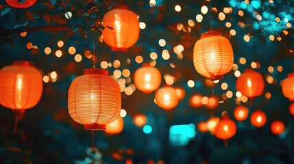 Poster - Vibrant Orange Illumination from Lanterns Enhancing a Joyful Night Atmosphere