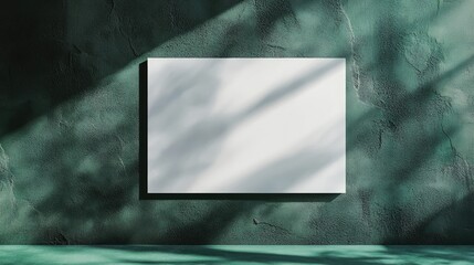 Poster - Blank horizontal poster mockup in white with subtle shadow on a dark green concrete wall background Flat lay perspective