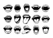 © ssstocker - Black ink sketch smiling mouths. Open and closed grinning with plump lips teeth and tongue different emotion human face part, monochrome vector isolated illustrations on white background