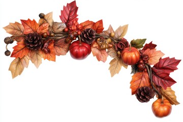 Poster - The arrangement shows pumpkins, apples with leaves, walnuts, wheat, red leaves, grapes, flowers, and grape leaves on a white background with a space for text. Top view on a flat lay.