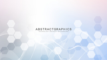 Fototapete - Modern scientific background with hexagons, lines and dots. Wave flow abstract background. Molecular structure for medical, technology, chemistry, science. Vector illustration