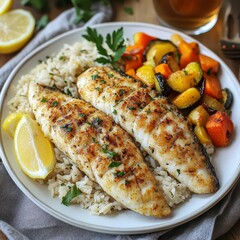 Poster - Grilled Fish with Vegetables on Rice, Lemon Wedges, Perfectly Cooked Meal, Colorful and Healthy Dish, Food Photography