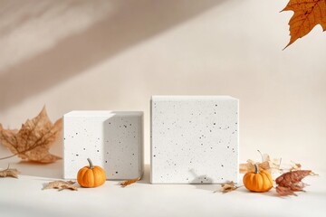 Poster - Pumpkin on a stone pedestal, display for autumnal product promotions. Beige background with Halloween pumpkins.