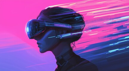 Poster - Girl in hi-tech VR glasses with elements of artificial intelligence. Background in a high-tech style. Shining lines and patterns resembling neural networks, connections, and digital circuits.