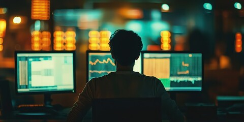 Wall Mural - Person analyzing market data on a trading terminal in a dimly lit office.