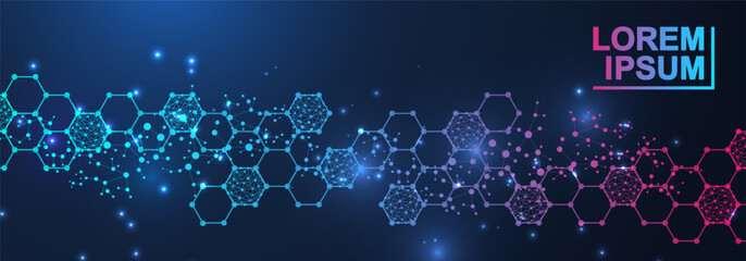 Poster - Modern scientific background with hexagons, lines and dots. Wave flow abstract background. Molecular structure for medical, technology, chemistry, science. Vector illustration
