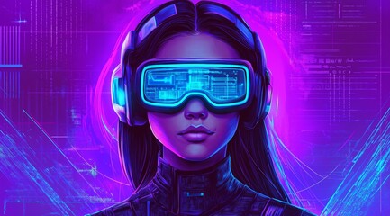 Poster - Girl in hi-tech VR glasses with elements of artificial intelligence. Background in a high-tech style. Shining lines and patterns resembling neural networks, connections, and digital circuits.