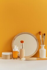 Poster - A white table with a yellow background, makeup and beauty products on the right side of it. A wooden mirror in front of them, with orange brushes placed next to each other