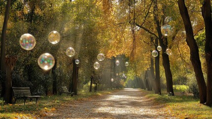 Wall Mural - Tranquil Autumn Park Pathway with Colorful Bubbles Amidst Golden Leaves and Sunlight Filtering Through Trees, Creating a Dreamy Atmosphere
