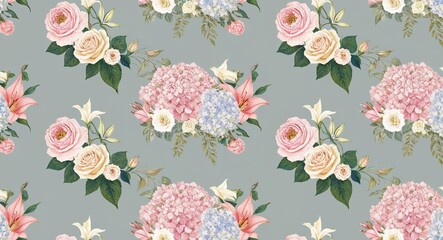 Wall Mural - A pattern featuring wedding flowers like roses lilies and hydrangeas in soft pastel tones arranged in a graceful repeating design