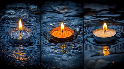 Wall Mural - Tranquil Floating Candles on Water Surface at Night Capturing Serenity, Peace, and Reflection in Calm Natural Setting with Flickering Flames and Gentle Ripples