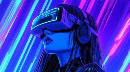 Poster - Girl in hi-tech VR glasses with elements of artificial intelligence. Background in a high-tech style. Shining lines and patterns resembling neural networks, connections, and digital circuits.