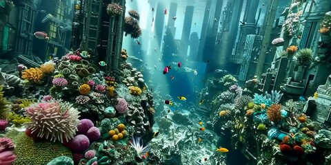 Poster - Submerged cityscape with advanced technology and colorful anemones, 4K Video