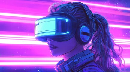 Poster - Girl in hi-tech VR glasses with elements of artificial intelligence. Background in a high-tech style. Shining lines and patterns resembling neural networks, connections, and digital circuits.
