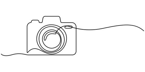 Poster - Digital camera continuous one line drawing. Isolated on white background vector illustration, Retro camera one line continuous. Line art camera. Hand drawn vector art, Digital camera single continuous