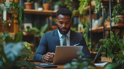 Poster - Businessman Working on Laptop with Digital Devices in Modern Office Setting