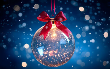 Wall Mural - A glowing, transparent Christmas ornament with a red bow hangs against a blue snowy backdrop.