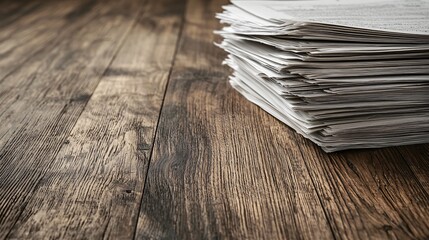 Poster - A stack of documents including bank statements and savings plans on a neat wooden table Stock Photo with side copy space