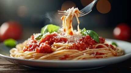 Poster - Delicious Spaghetti with Tomato Sauce Steaming basil on a white plate close up