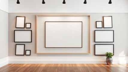 Poster - A collection of modern hanging gallery frames mockups on a white wall, perfect for showcasing artwork or photographs, template, display, showcase