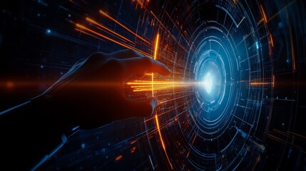 Poster - Futuristic Technology Interaction Digital Hand Reaching Through a Quantum Portal Virtual Environment Cinematic Viewpoint Innovation Concept
