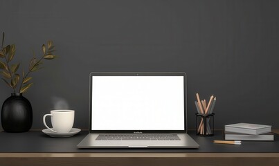 A laptop with a blank screen sits on a desk with a cup of coffee. a notepad. and pencils The desk is in front of a gray wall
