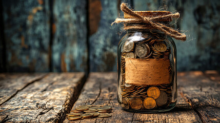Poster - A symbolic jar filled with coins labeled emergency preparedness fund Stock Photo with side copy space