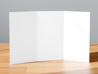 Wall Mural - a realistic trifold brochure mockup on a wooden table with soft shadows, trifold, minimalistic, layo