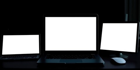 Wall Mural - Multiple electronic devices including laptop, tablet, and smartphone mockup on a dark room desk, gadgets, blank, up