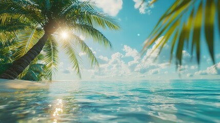 Poster - Tropical background with palm trees, sunshine, and clear ocean water 