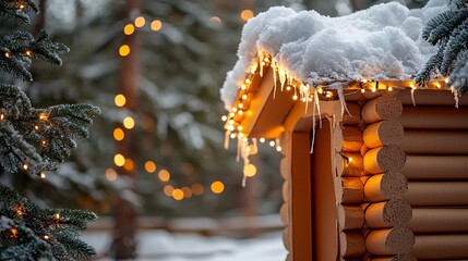 Poster - A festive cardboard playhouse featuring a rooftop covered in fake snow and string lights Stock Photo with side copy space