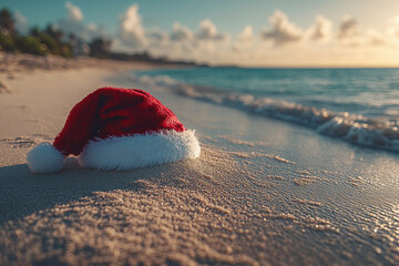 Wall Mural - Picture of santa claus cap lying on the sandy tropical beach coastline ai generative