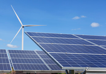 Wall Mural - Solar panels with wind turbines generating electricity in hybrid power plant systems station , clean energy power sustainable  energy environmentally friendly