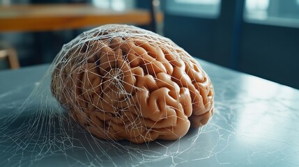 Wall Mural - A realistic model of a human brain encased in a network of translucent threads, symbolizing complexity and thought processes.