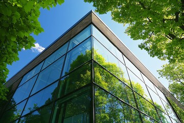 Poster - Modern Glass Building With Green Reflections Surrounded by Lush Trees Under Blue Sky : Generative AI
