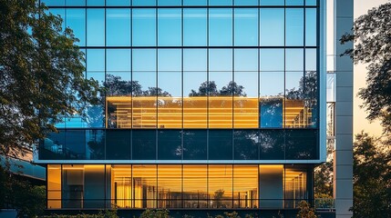 Poster - Contemporary Glass and Steel Building with Warm Interior Lighting : Generative AI