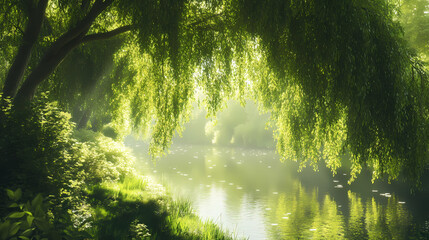 Wall Mural - Peaceful green nature landscape, view from under willow tree shade at riverside with sunlight, generative ai. Nature. Illustration