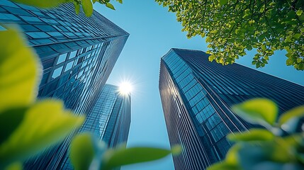 Poster - Skyscraper Towers Underneath Greenery Illuminated by Sunlight on a Clear Blue Sky Day : Generative AI