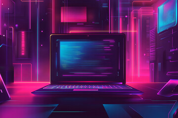 Poster - A vibrant digital scene featuring a laptop in a futuristic, neon-lit environment.