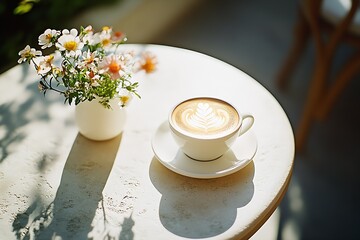 Poster - Elegant Latte Art Paired with Daisies on a Sunny Morning Cafe Table : Generative AI