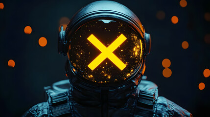 Wall Mural - dark astronaut with two yellow x's over his eyes, accented by orange lighting.
