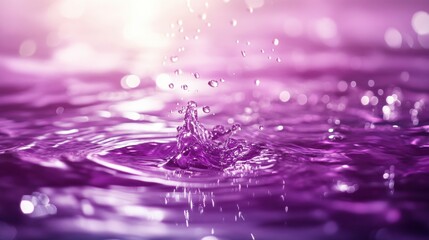 Poster - A close-up view of vibrant droplets splashing in purple water, creating ripples and reflections.