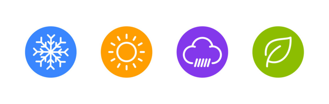 Seasons summer winter spring autumn colorful icon set. Four seasons icons, signs, symbols. Winter spring summer fall. Snowflake, leaf, sun, autumn leaf. Line art