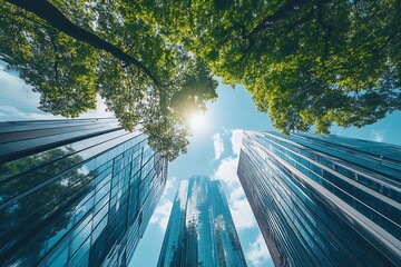 Aufkleber - Contemporary skyscrapers with towering trees under sunlit blue skies in urban environment : Generative AI