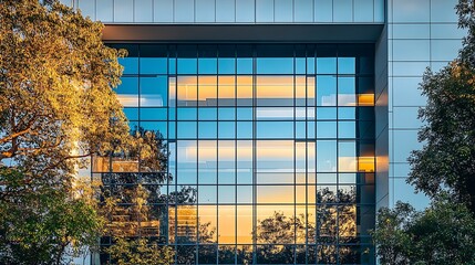 Poster - Exterior of a modern office building with sunset reflections in windows : Generative AI