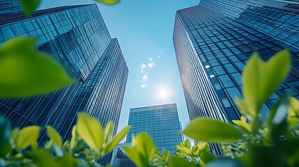Poster - Shiny Glass Skyscrapers Reaching Skyward Against Vibrant Foliage and Clear Blue Sky : Generative AI
